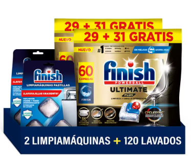 120 pastillas Finish Powerball ULTIMATE PLUS ALL IN 1 + 6x Limpiamáquinas por 25,59€