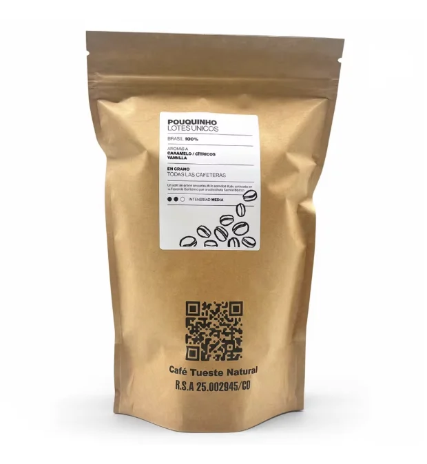 Café Pouquinho en Grano Tostado Semanal 500gr Intensidad Media Brasil