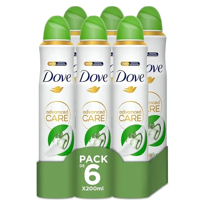 Pack 6×200ml Dove Advanced Care Desodorante por 9.15€.