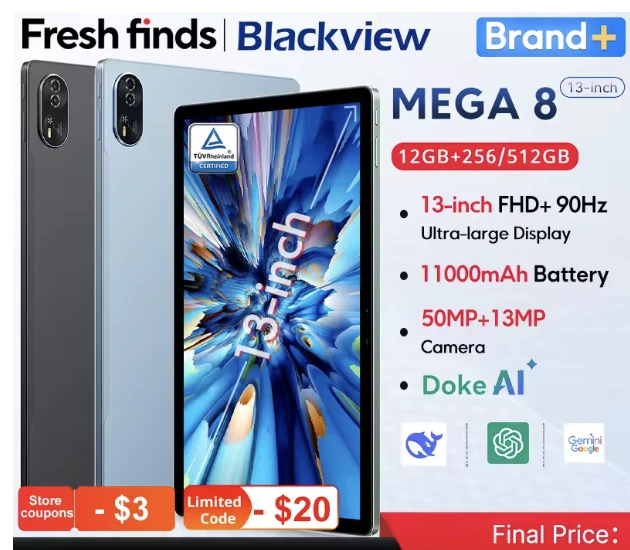 Blackview MEGA 8 Tablet 13 Pulgadas FHD+ 90 Hz 11000 mAh Android 15 Cámara 50 MP 4G