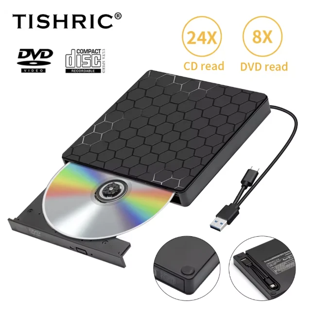 TISHRIC Unidad DVD Externa USB Lector CD-ROM USB30/USB20/Tipo C por 8.35€